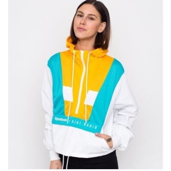 Reebok Gigi Hadid Jacket Womens Windbreaker Size M Blue Yellow White - Picture 1 of 12